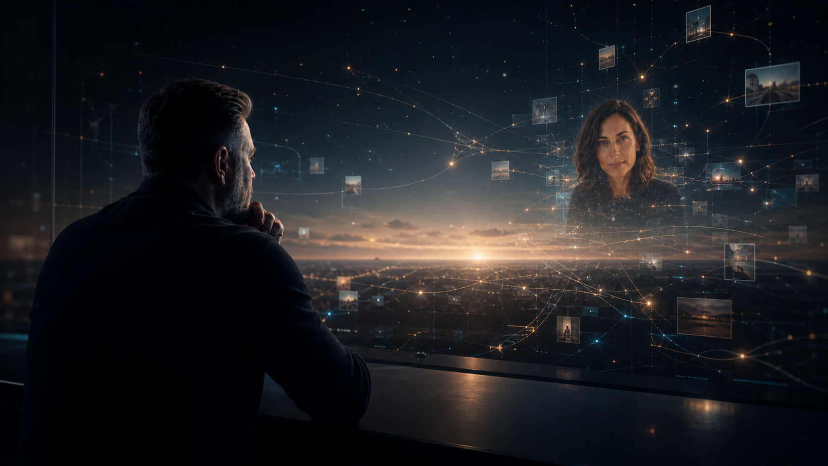 Pepper und Marcus vor einer offenen Architektur aus Licht, Erinnerung und Interface-Ebenen.